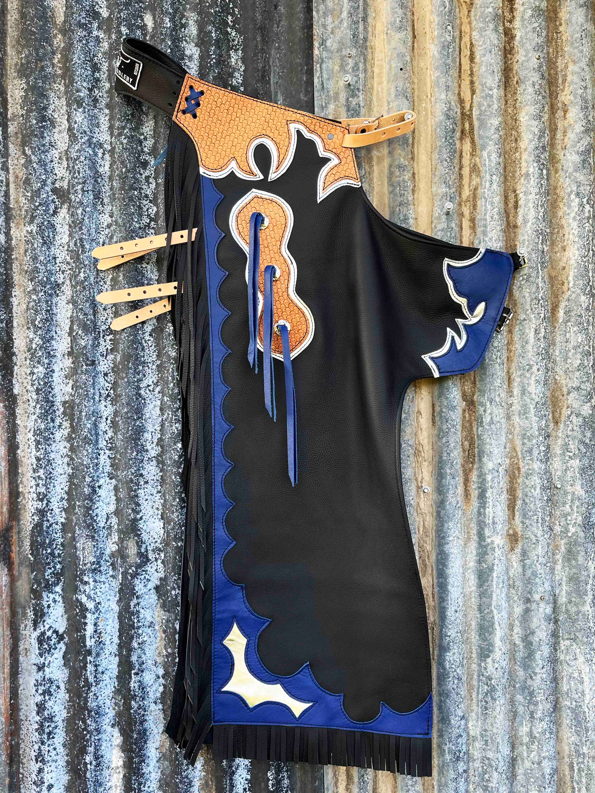 Western Black Top Grain Leather Bull Riding Rodeo Chaps with Matching Fringes
